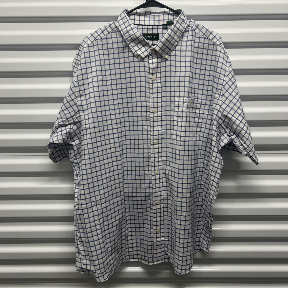 Orvis Short Sleeve Shirt XXL Mens Classic Fit Blue White Windowpane Check Cotton